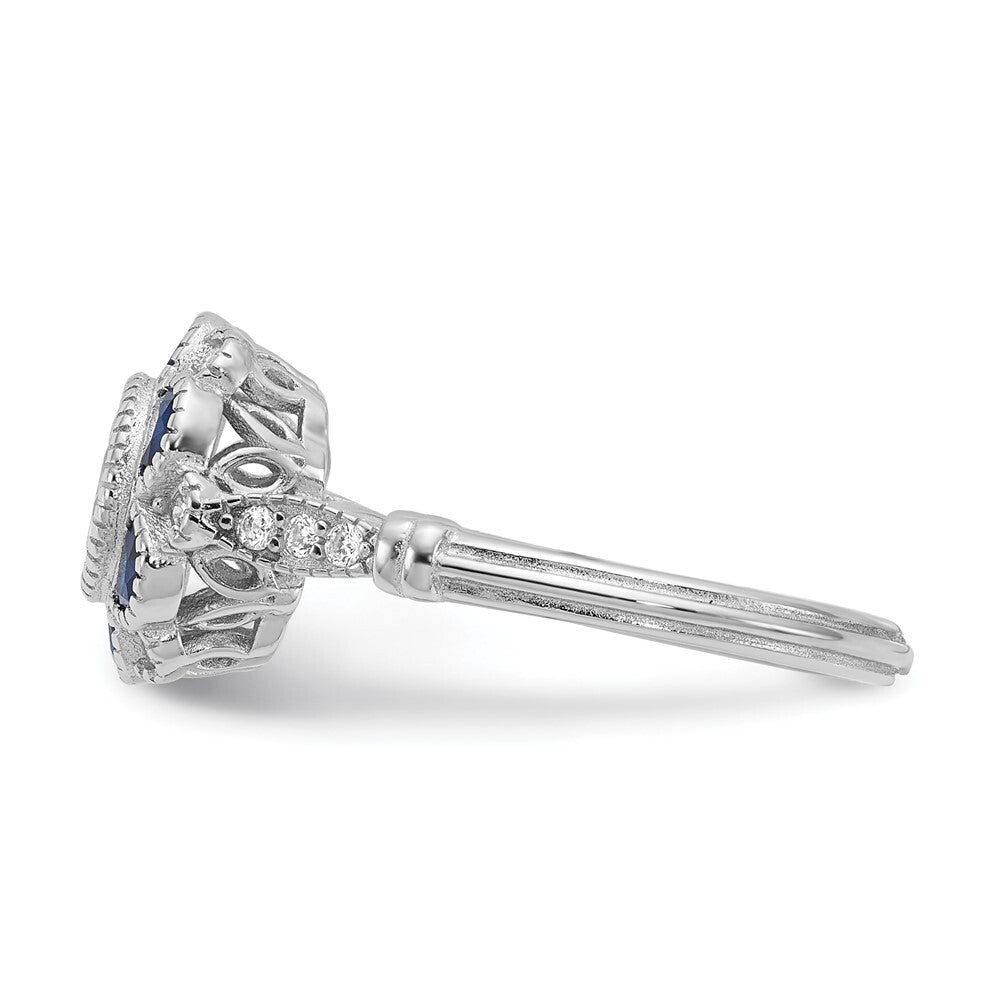 Sterling Silver Cubic Zirconia and Lab Cr. Blue Sapphire Flower Ring SZ 7