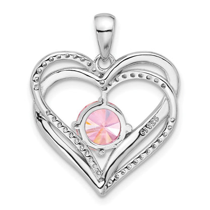 Sterling Silver Pink and White Cubic Zirconia Double Heart Pendant