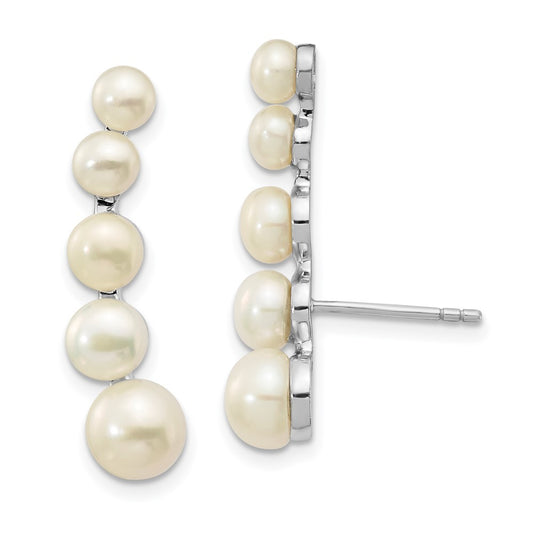 Sterling Silver Rhodium 4-6mm Freshwater Cultured Pearl Ear Climber Earrings