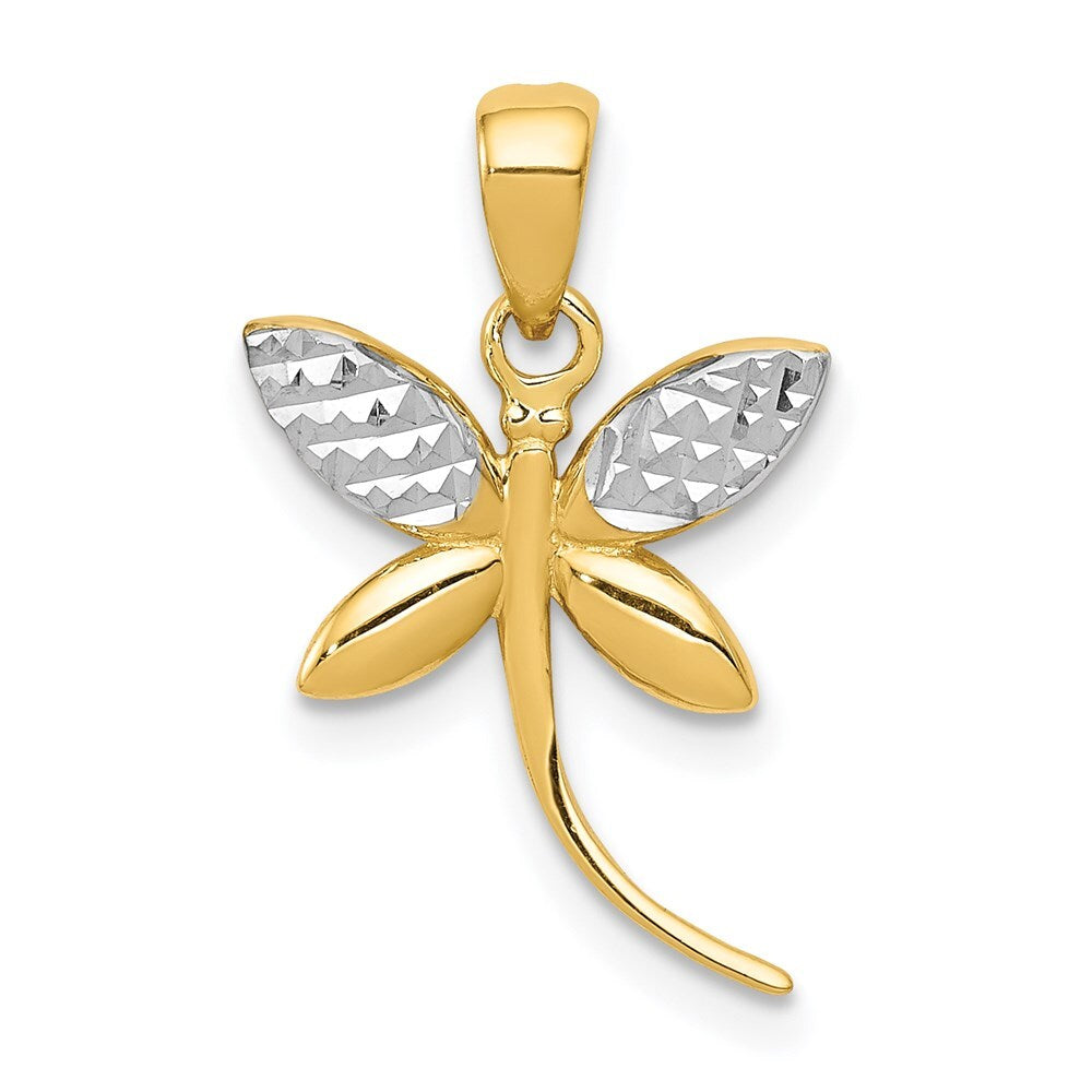 14k Yellow Gold Rhodium Diamond-Cut and Polished Dragonfly Pendant for Women