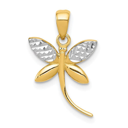 14k Yellow Gold Rhodium Diamond-Cut and Polished Dragonfly Pendant for Women