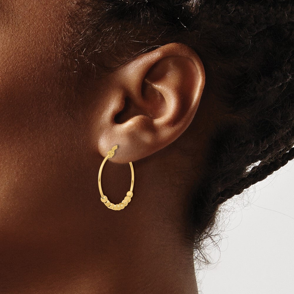 14k Yellow Gold Polished Beads Hoop Earrings Gift for Women