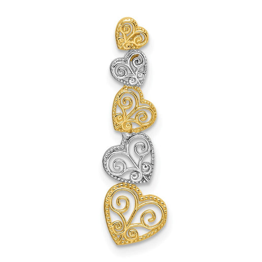 14k Two-tone Gold Polished Filigree Vertical Hearts Chain Slide Pendant