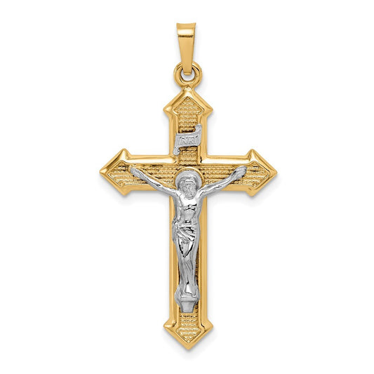 14k Two-tone Gold Polished and Textured INRI Crucifix Pendant for Women