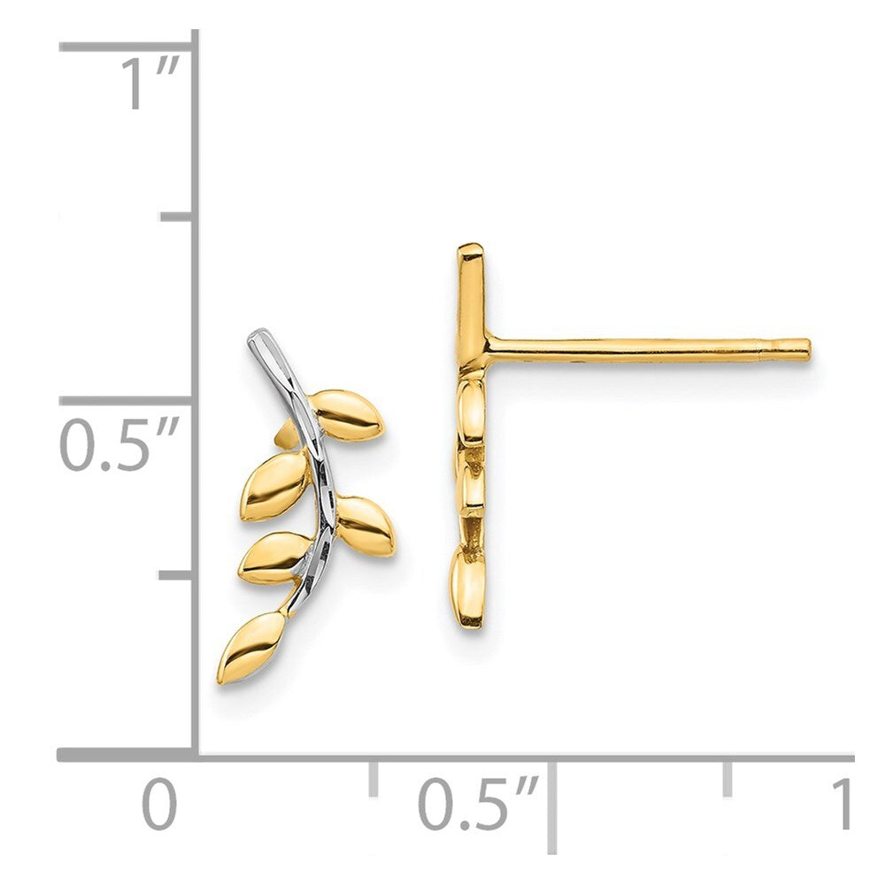 14k Yellow Gold & White Rhodium Leaves Stud Earrings Gift for Women