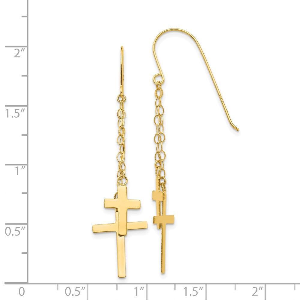 14k Yellow Gold Chain Dangle Cross Drop Dangle Earrings w/ Shepherd Hook