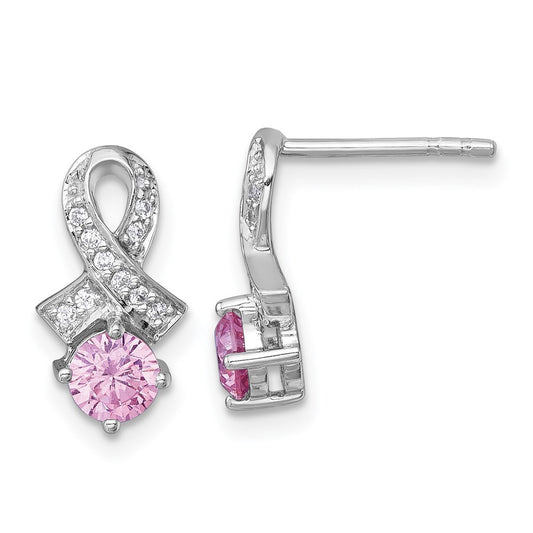 Sterling Silver Polished Round Pink and CZ Awareness Ribbon Earrings