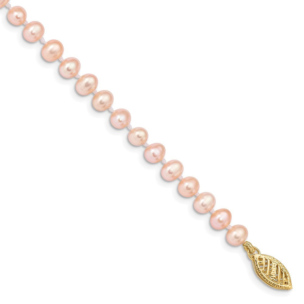 14k Yellow Gold 4-5mm Pink Near-Round Freshwater Cultured Pearl 7.5" Bracelet