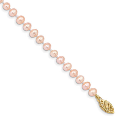 14k Yellow Gold 4-5mm Pink Near-Round Freshwater Cultured Pearl 7.5" Bracelet