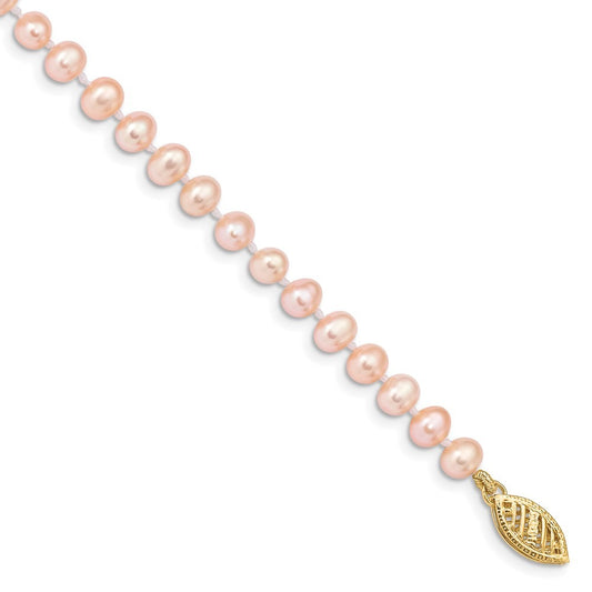 14k Yellow Gold 4-5mm Pink Near-Round Freshwater Cultured Pearl 7.5" Bracelet