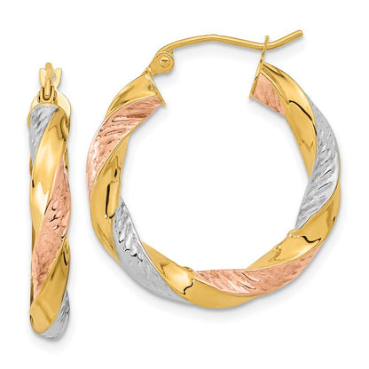 14k Yellow Gold w/ White/Rose RH Polished & Diamond-Cut Twist Hoop Earrings