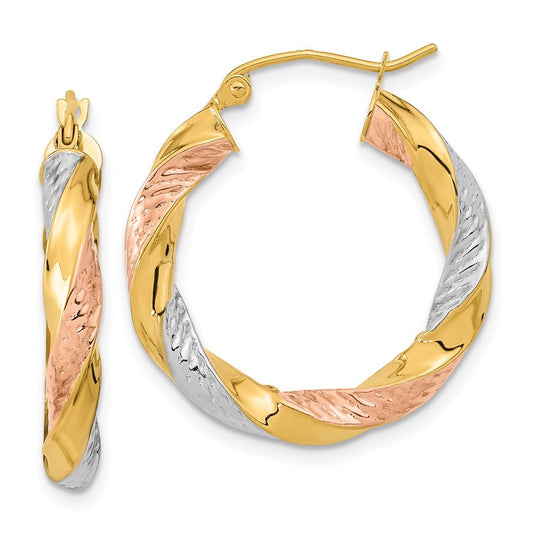 14k Yellow Gold w/ White/Rose RH Polished & Diamond-Cut Twist Hoop Earrings