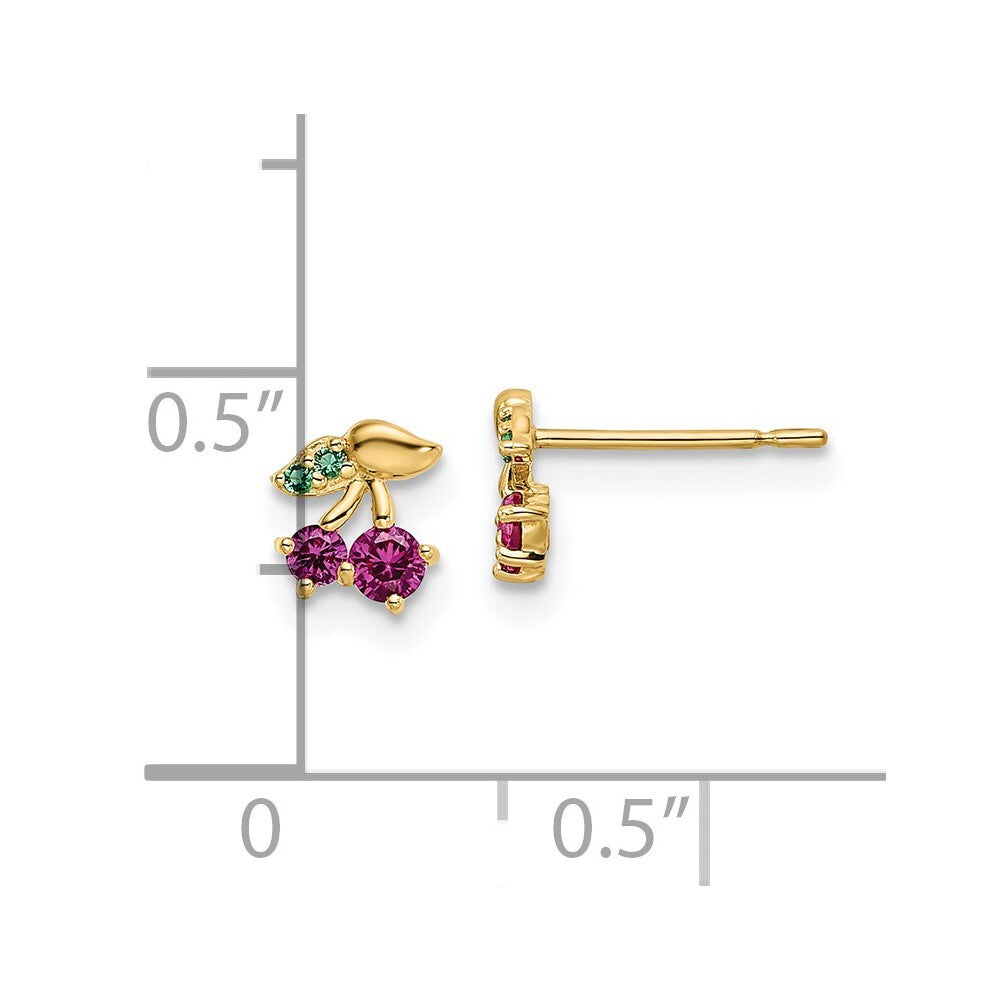 14k Yellow Gold Red Cubic Zirconia & Green Glass Cherry Stud Earrings
