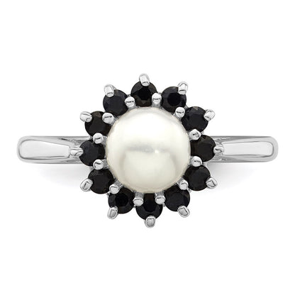 Sterling Silver Rhod 6mm FW Cultured Button Pearl & Sapphire Ring Size 6