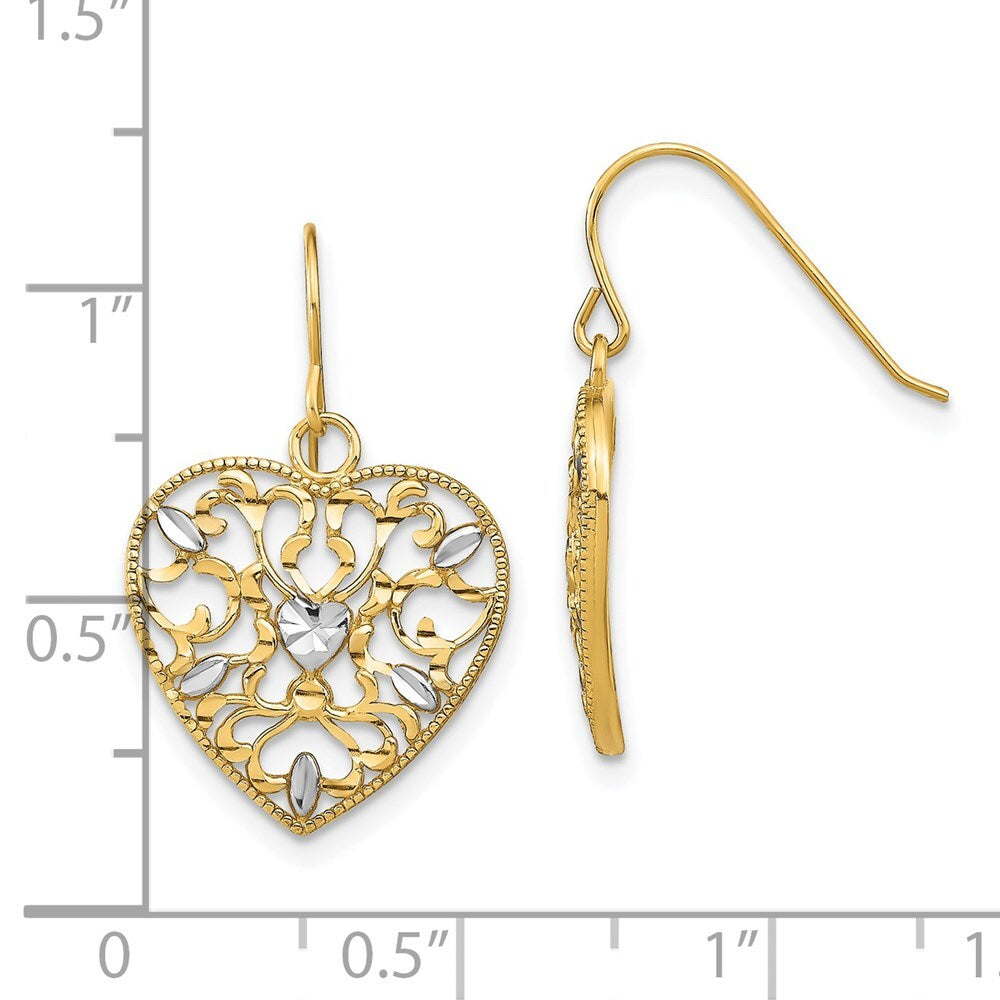 14k Yellow Gold RH Filigree Cut-Out Heart Wire Stud Earrings Gift for Women