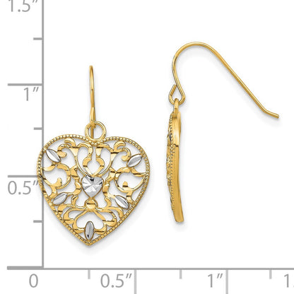 14k Yellow Gold RH Filigree Cut-Out Heart Wire Stud Earrings Gift for Women