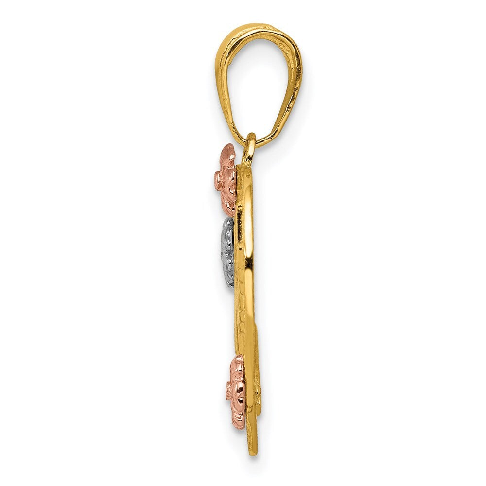 14k Tri-Color Gold Tri-color NANA in Heart with Flowers Pendant for Women