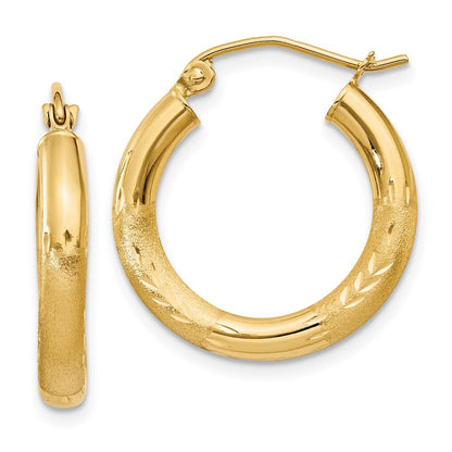 14k Yellow Gold Satin and Diamond-cut 3mm Round Hoop Earrings Gift for Women