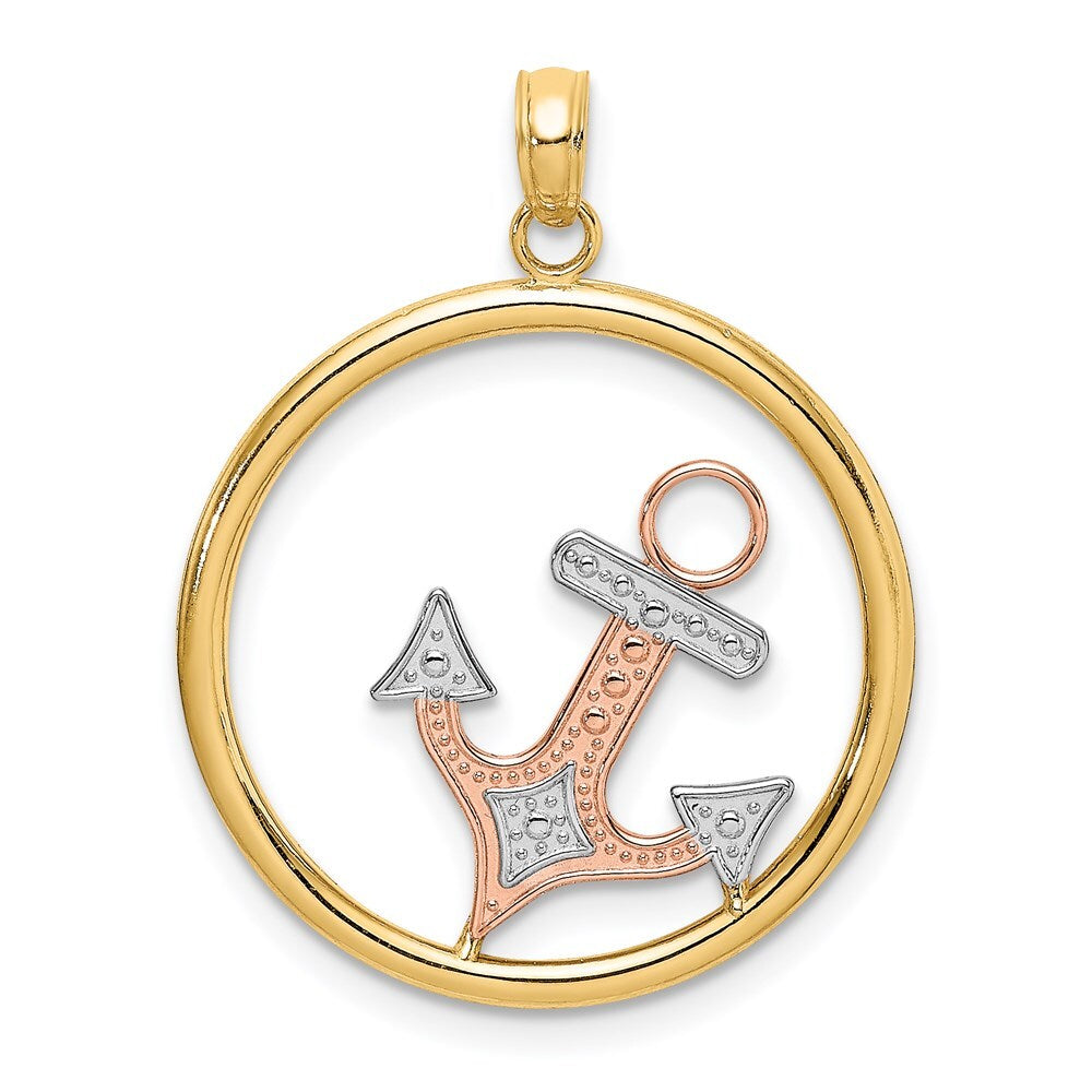 14k Two-tone Gold White Rhodium Anchor In Circle Charm Pendant
