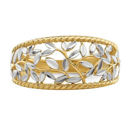 14K Yellow Gold w/Rhodium Diamond-cut Filigree Leaf Ring Size 7