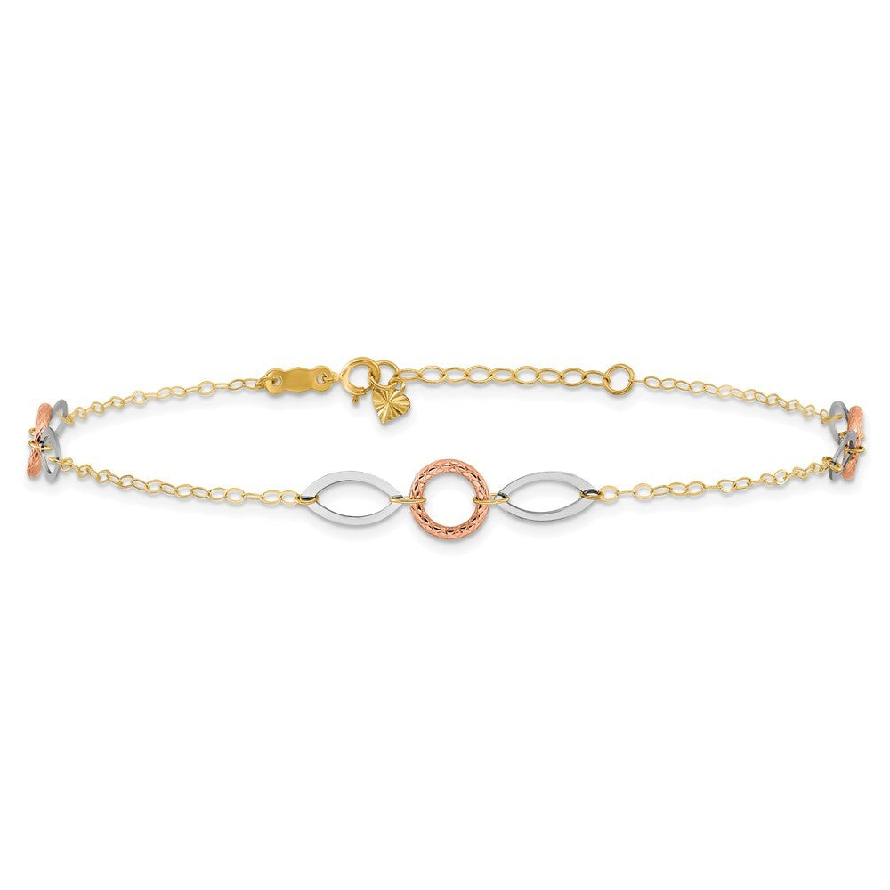 14k Tri-color Circle and Oval 3-Station 10" Anklet