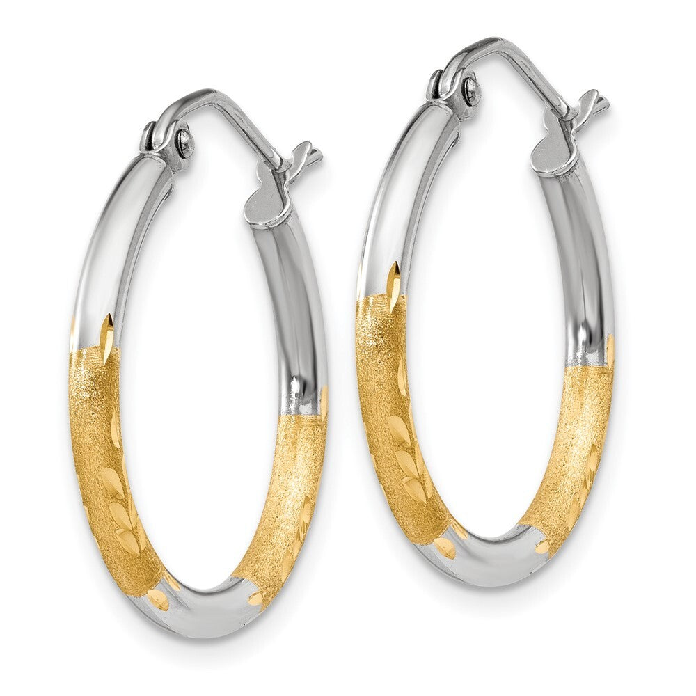 14k Yellow Gold White Rhodium 2mm Satin and Polished Diamond-cut Hoop Earrings