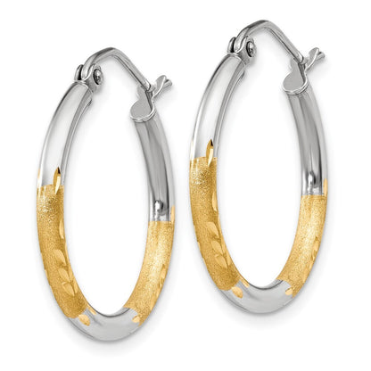 14k Yellow Gold White Rhodium 2mm Satin and Polished Diamond-cut Hoop Earrings