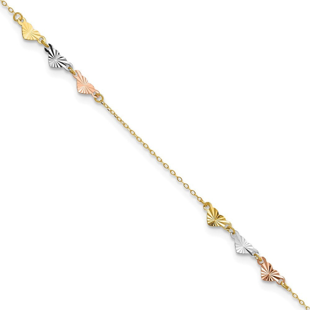 14K Tri-Color Diamond-cut Hearts 10" Anklet