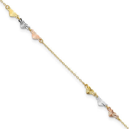14K Tri-Color Diamond-cut Hearts 10" Anklet