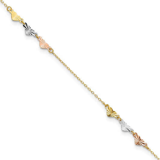 14K Tri-Color Diamond-cut Hearts 10" Anklet