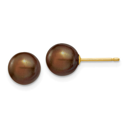 14k Yellow Gold 7-8mm Brown Round Freshwater Cultured Pearl Stud Earrings