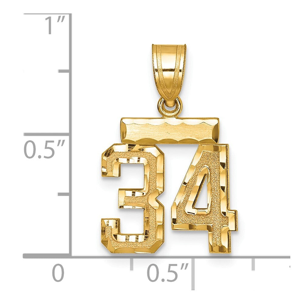 14k Yellow Gold Small Brushed Diamond-cut Number 34 Charm Pendant for Women