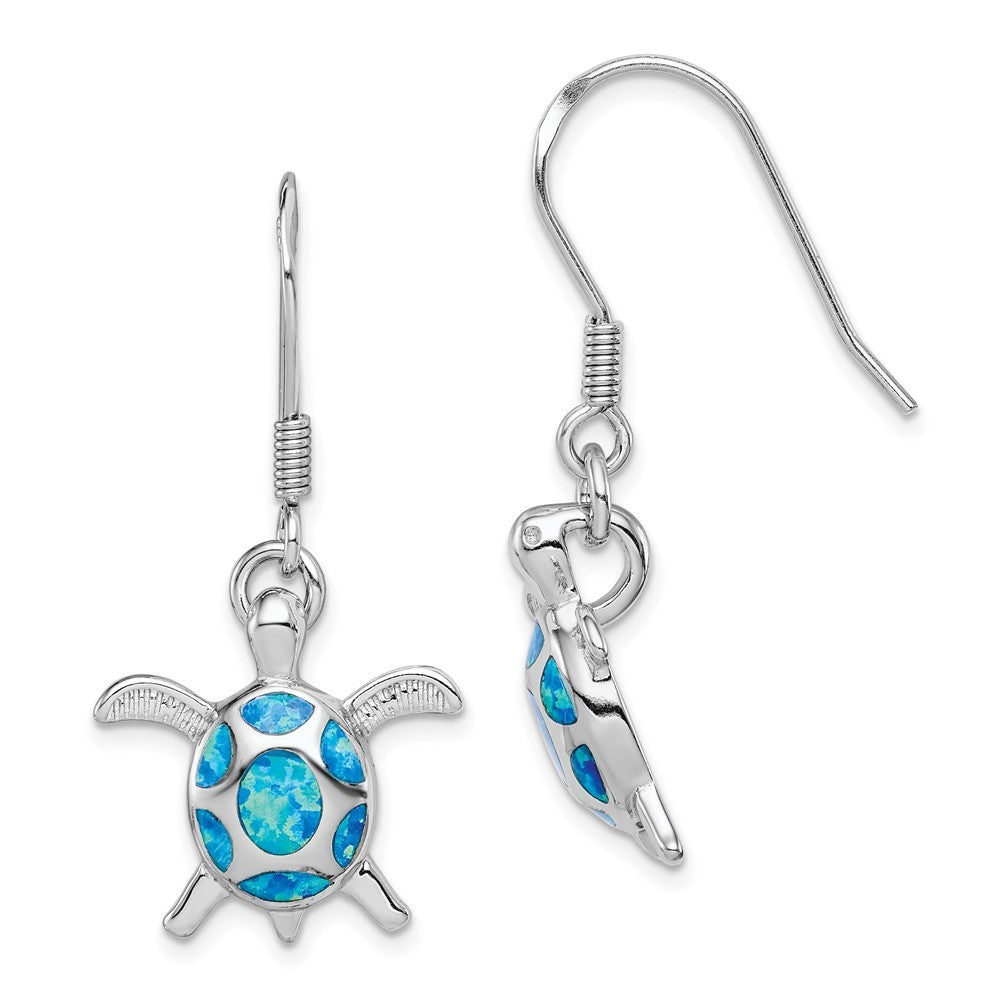 Sterling Silver Polished Created Blue Opal Turtle Shepherd Hook Earrings