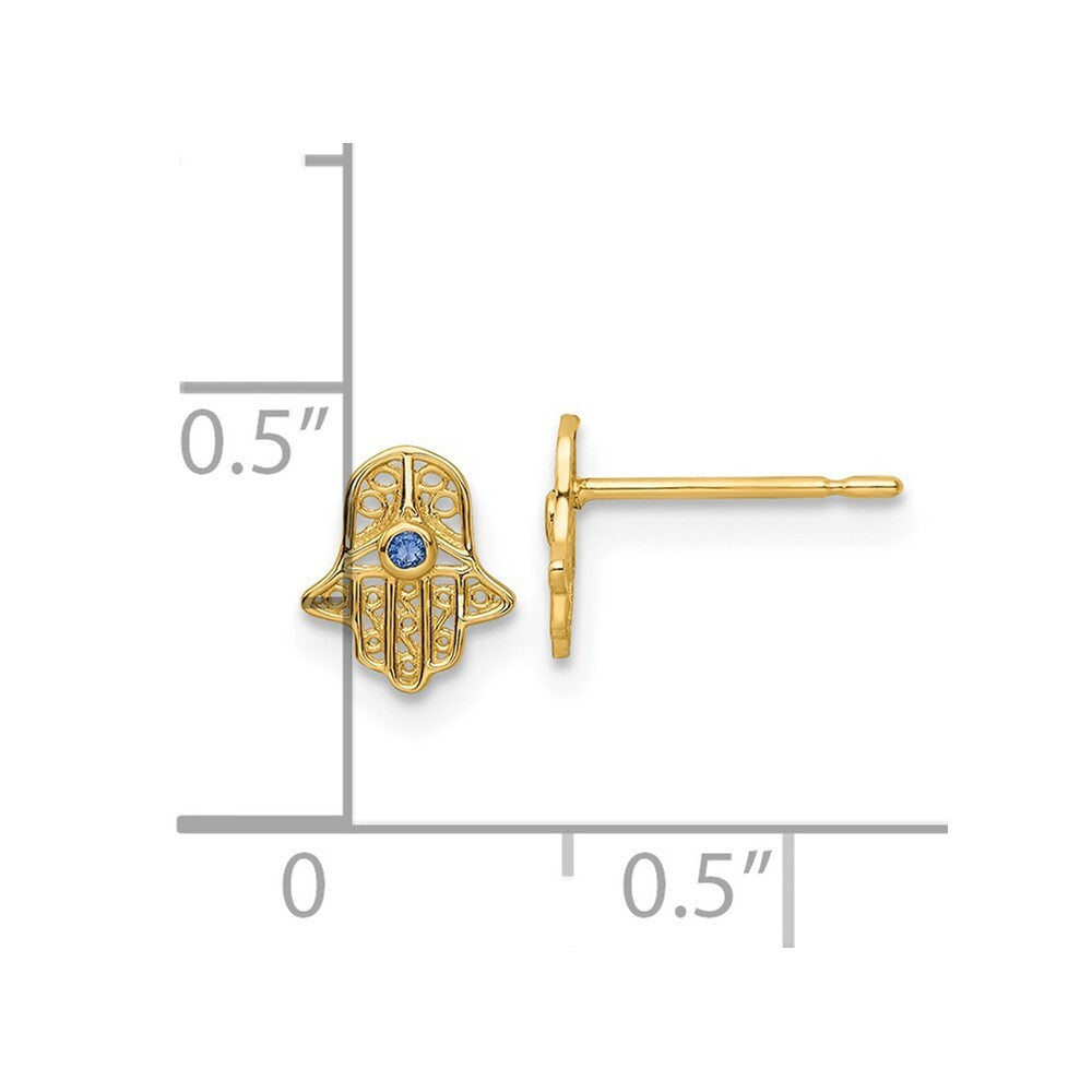 14k Yellow Gold Blue Glass Stone Hamsa Stud Earrings Gift for Women