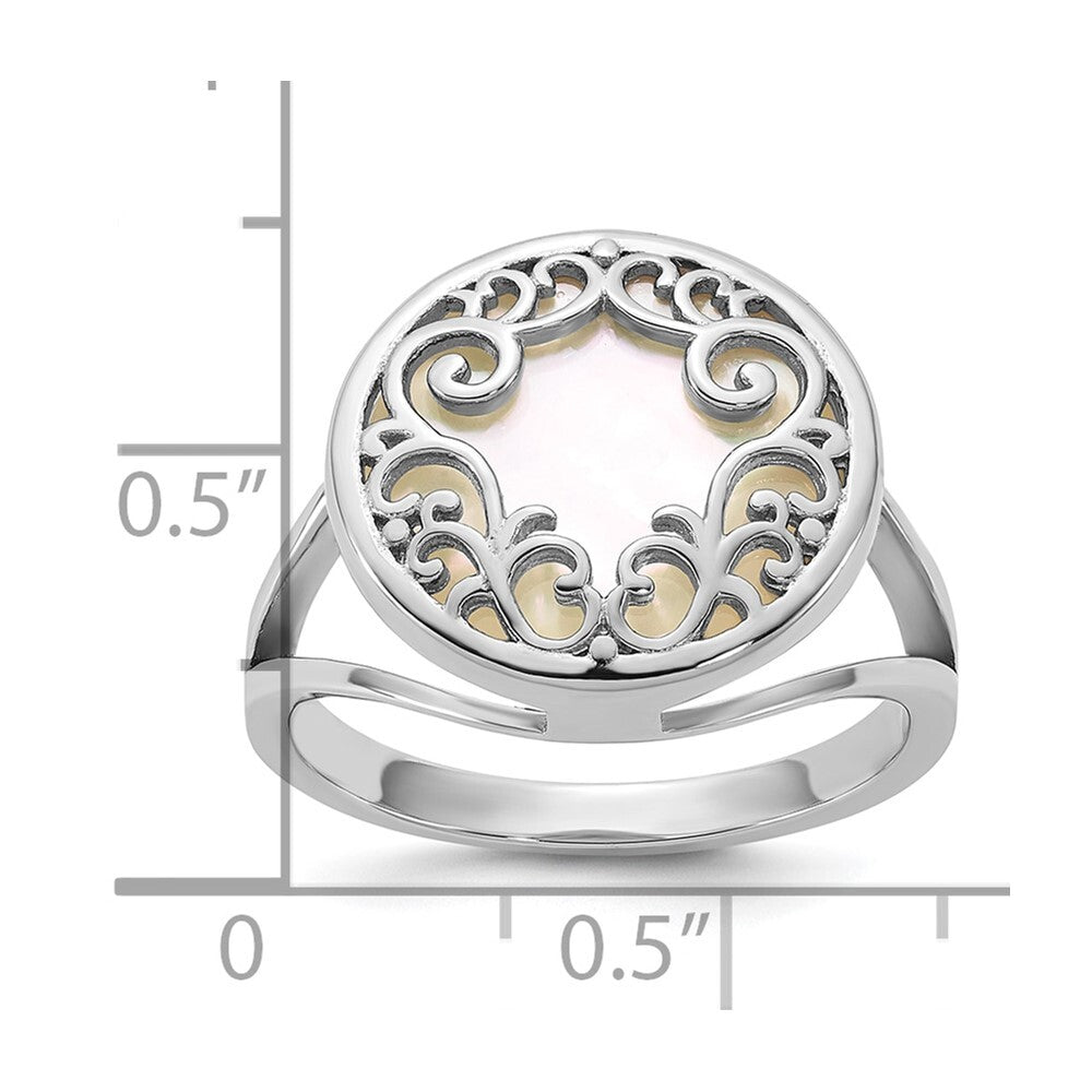 Sterling Silver RH-plated Polished Filigree MOP Circle Ring Size 7