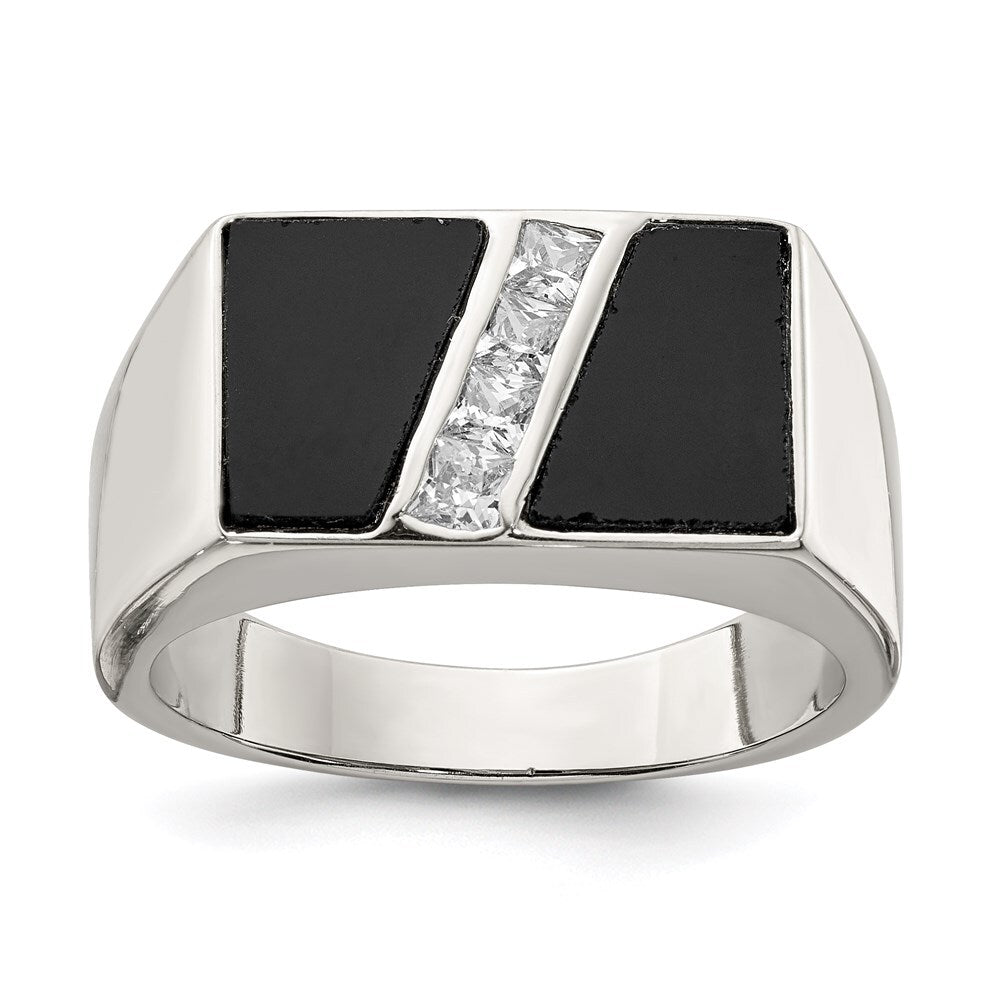 Sterling Silver Rhodium-plated Men's Cubic Zirconia and Onyx Ring Size 10