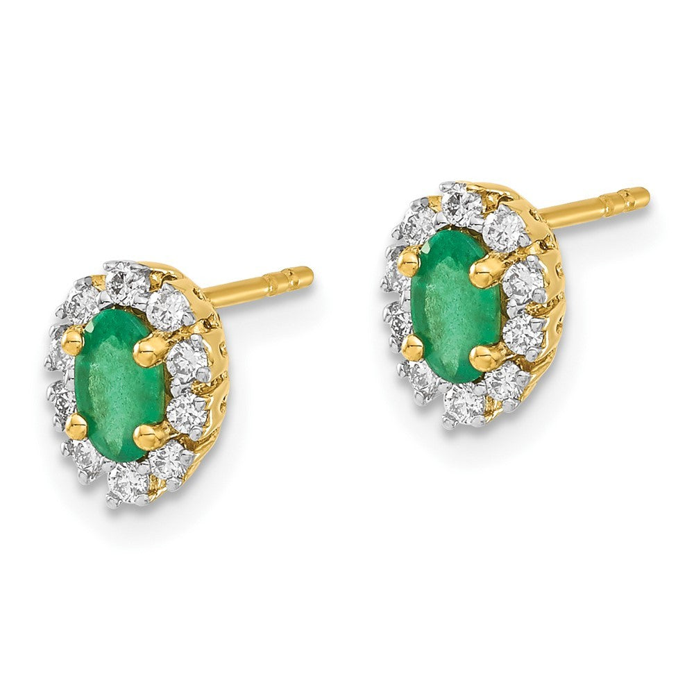 14k Yellow Gold 1/5Ct Diamond and Emerald Oval Halo Earrings