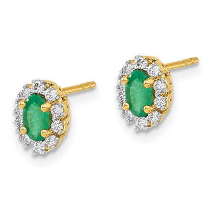 14k Yellow Gold 1/5Ct Diamond and Emerald Oval Halo Earrings