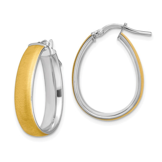 14k Yellow Gold and White Rhodium 4.85x18.5mm Satin and  Teardrop Hoop Earrings