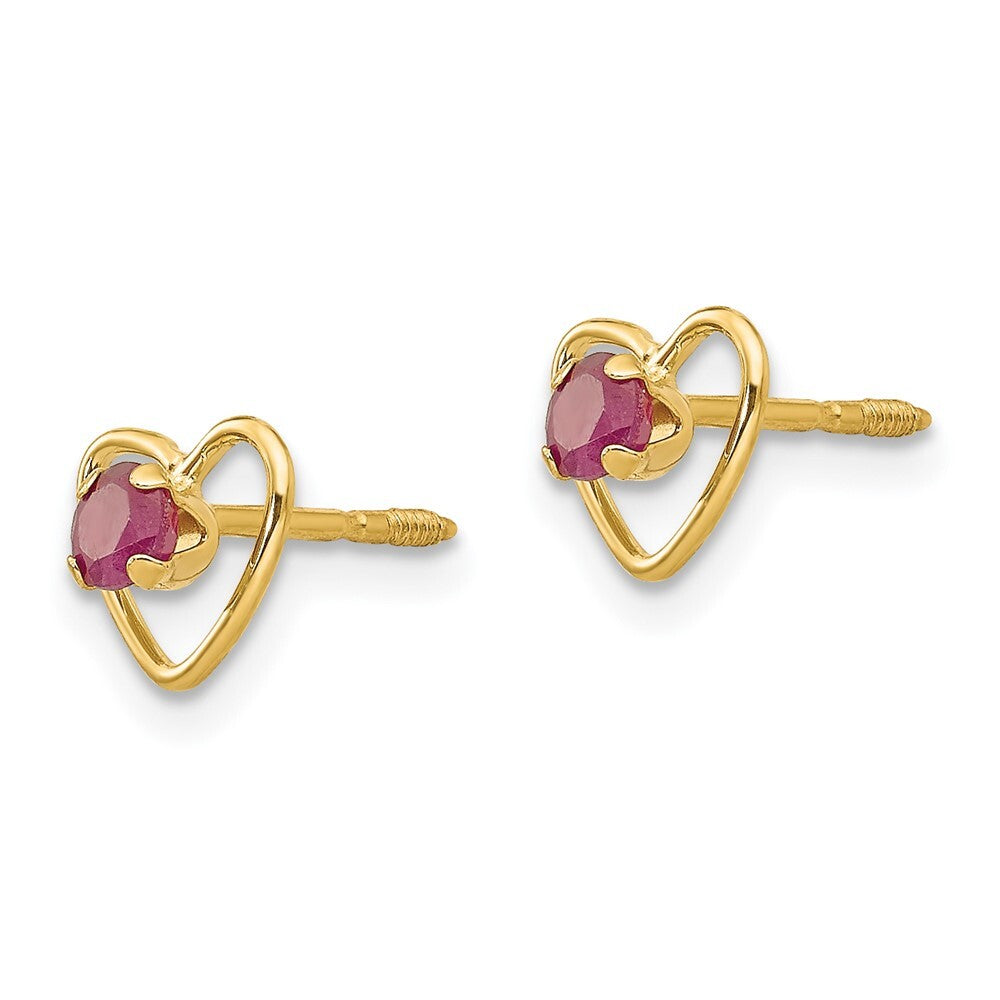 14k Yellow Gold 3mm Created Ruby Birthstone Heart Stud Earrings Gift for Women