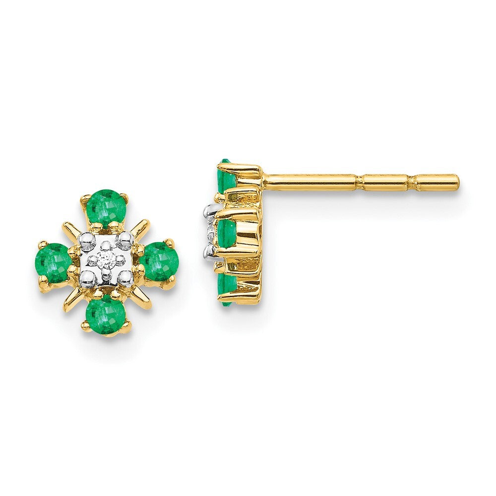 14k Yellow Gold Gold Emerald and Diamond Stud Earrings