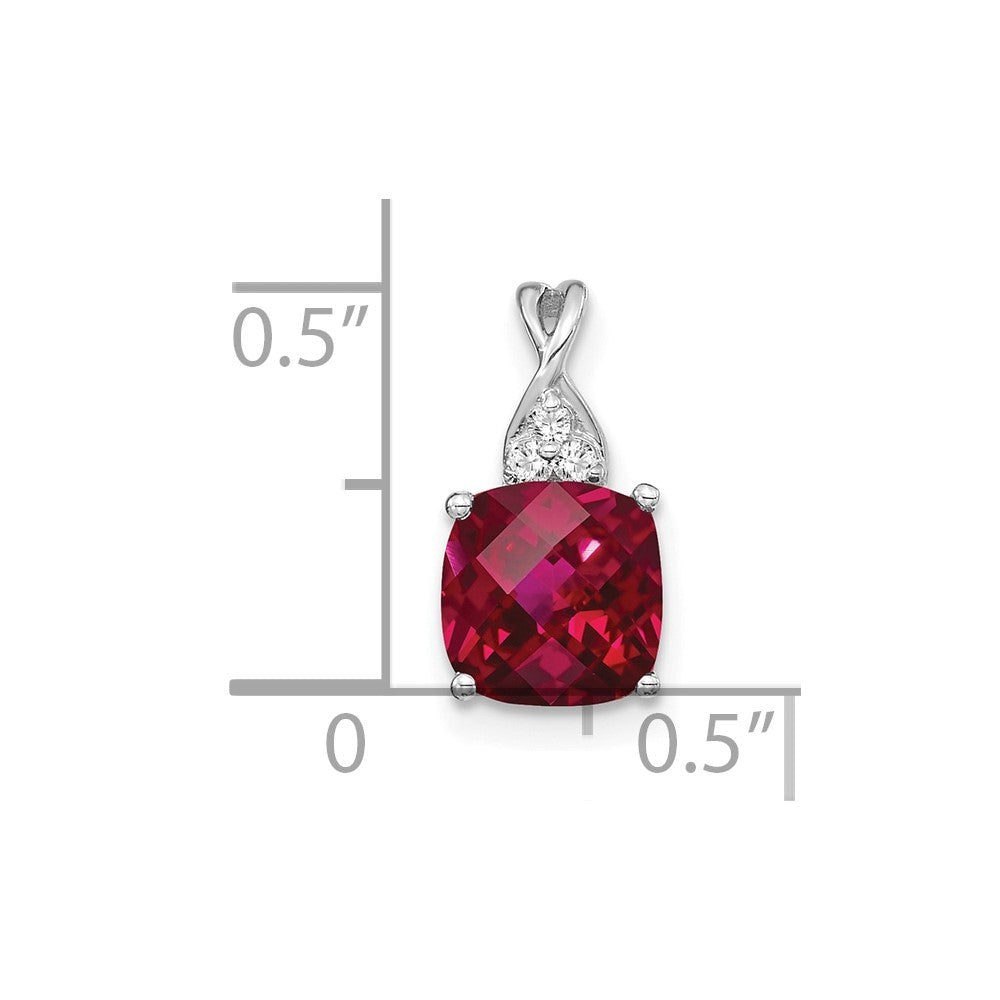 14K White Gold Checkerboard Created Ruby and Diamond Pendant