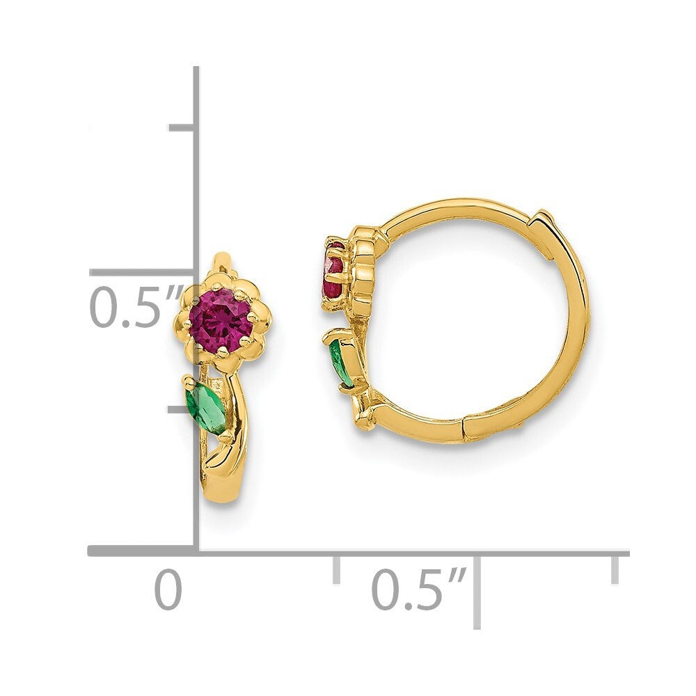 14k Yellow Gold Red & Green Cubic Zirconia Hinged Hoop Earrings Gift for Women