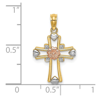 14k Two-tone Gold  White Rhodium Cross Flower and Heart Charm Pendant