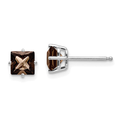 14k White Gold 5mm Square Smoky Quartz Stud Earrings Gift for Women
