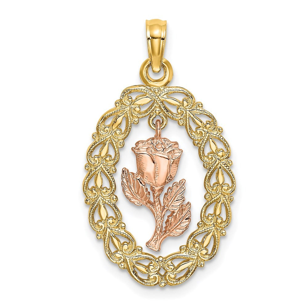 14k Two-Tone Gold Textured Oval Frame Dangling Rose Charm