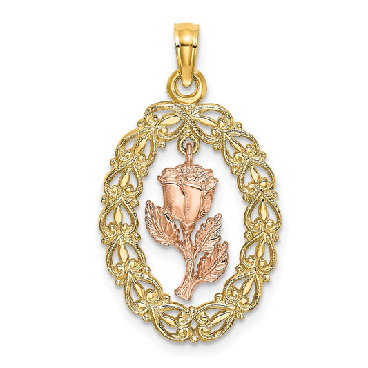 14k Two-Tone Gold Textured Oval Frame Dangling Rose Charm