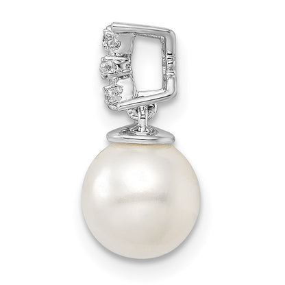 14k White Gold 7-8mm Round White Cultured Pearl and Diamond Chain Slide