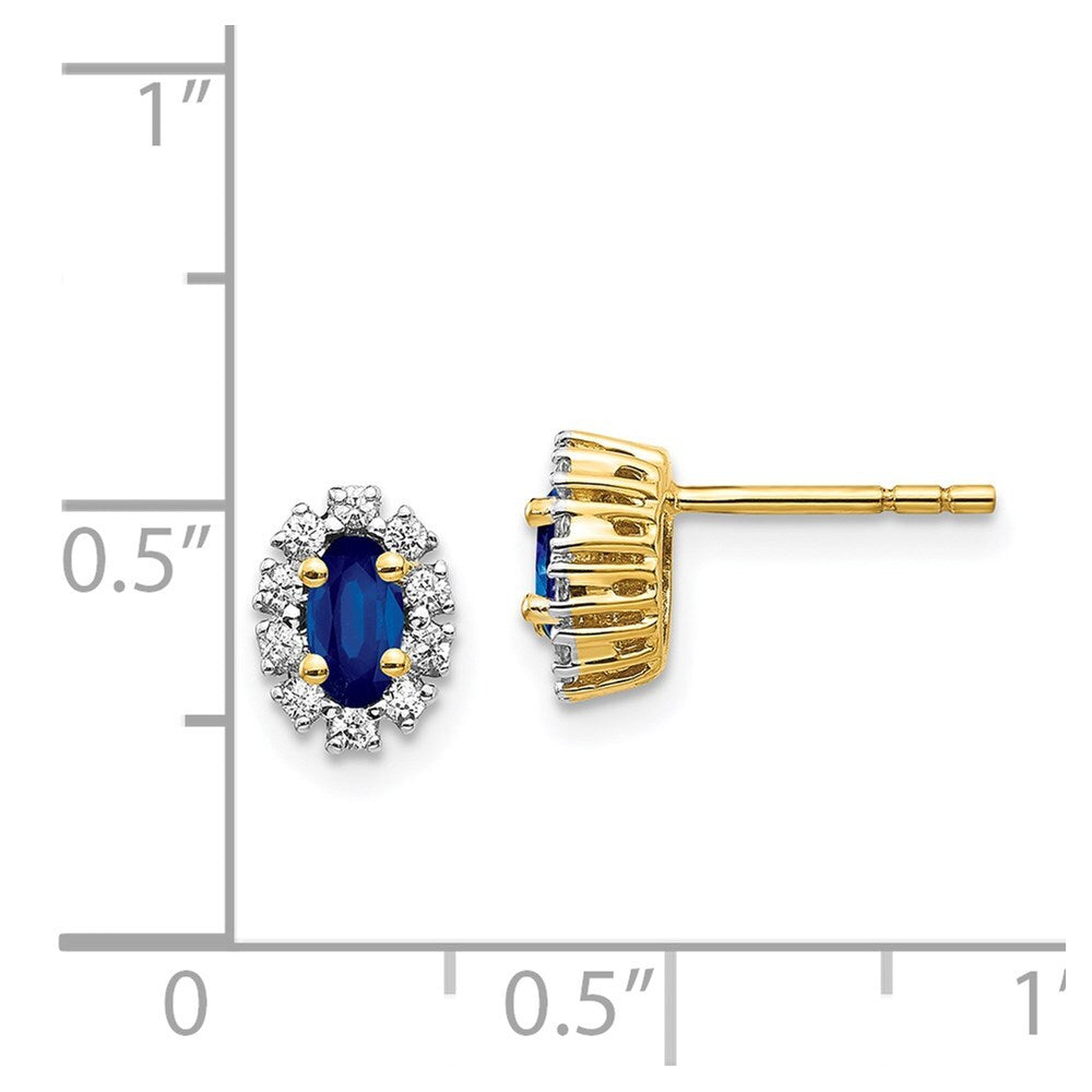 14k Yellow Gold Diamond and Sapphire Oval Halo Stud Earrings