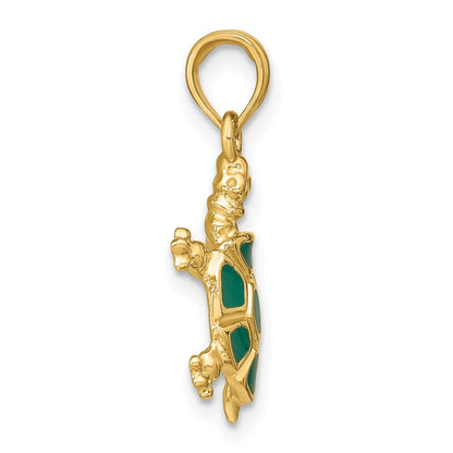 14k Yellow Gold wtih Green Enamel Land Turtle Charm Pendant for Women